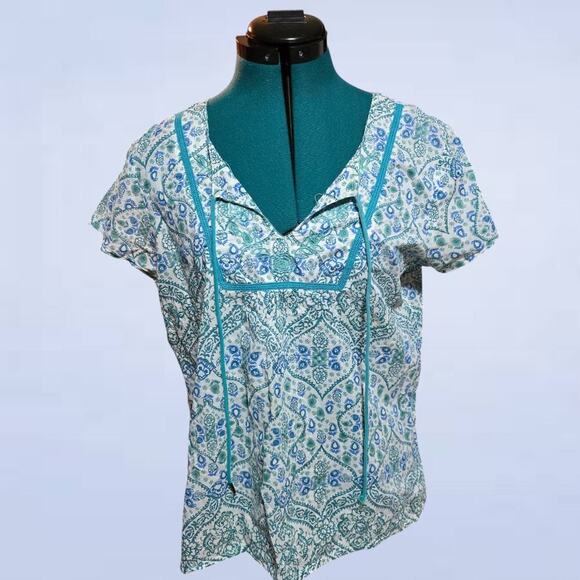 PrAna Blue Paisley Organic Cotton Pheasant Blouse - Size Large - Picture 1 of 8